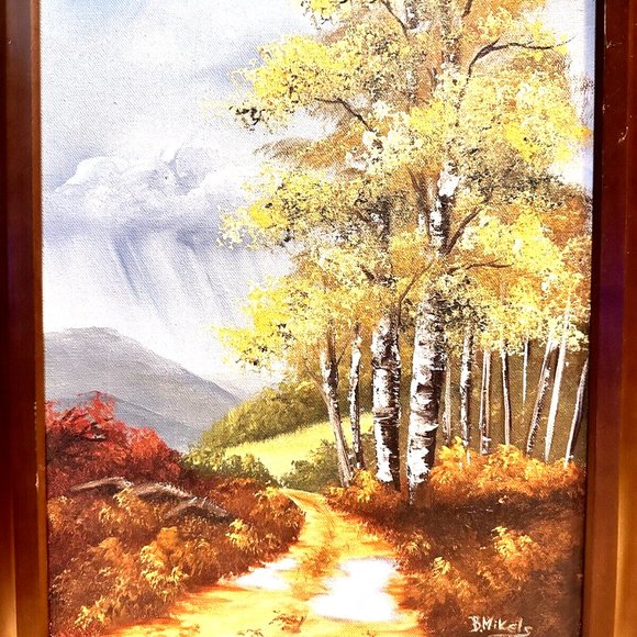 B Mikels Signed Wood Framed Fall Scenery Birch Trees Aaron Brothers Art Painting